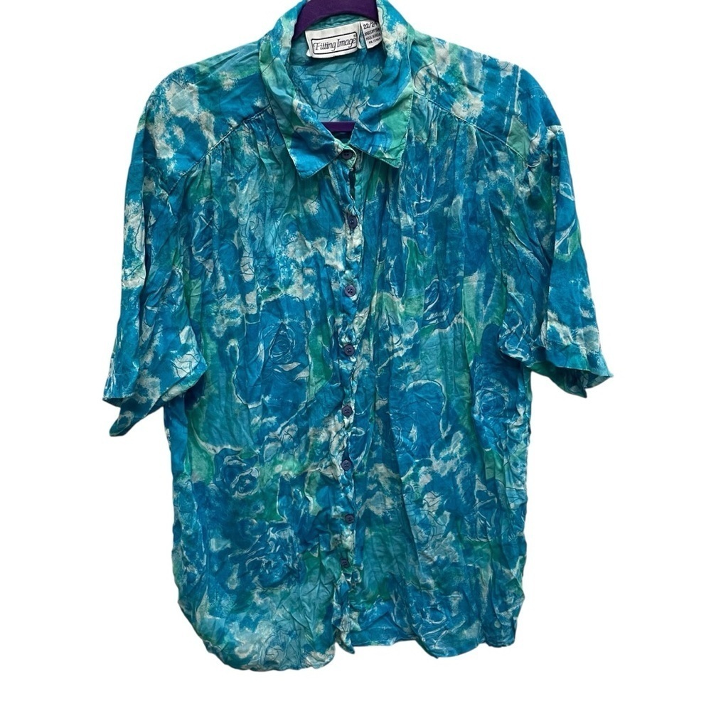 Fitting Image women’s cotton button up blouse shirt blue floral size 22/24